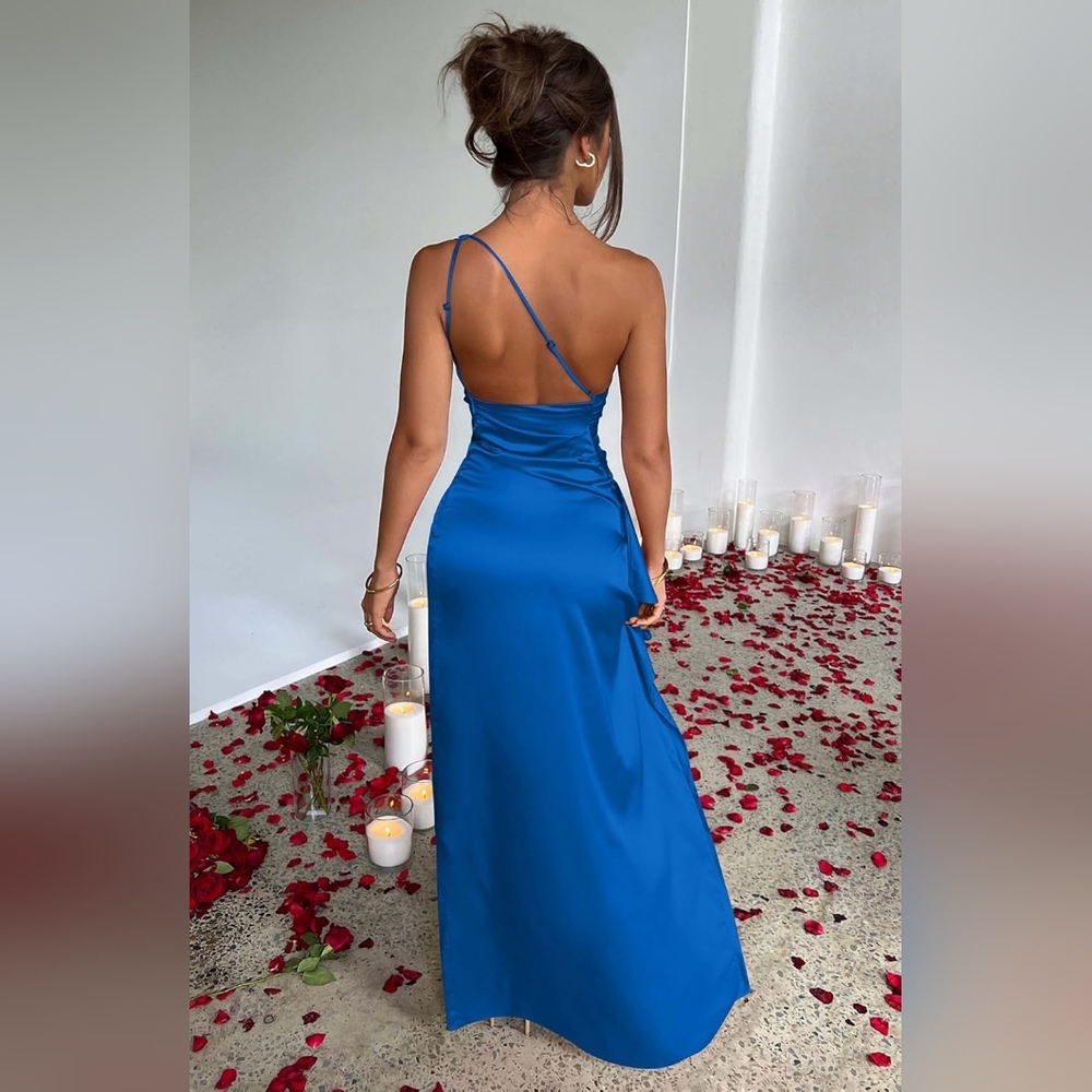 Elegant Blue One-Shoulder Dress Sz Small - Picture 2 of 3